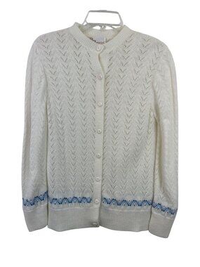 Its Pure Gould Vintage Sweater Cardigan White & Blue Button-Up Womens Size S